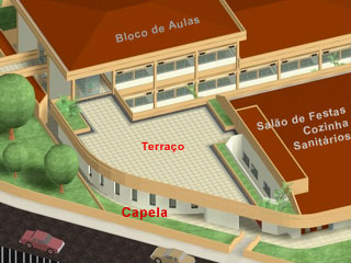 3D Architectural Model and Exterior Rendering - Chapel, Classroom building and its Terrace - aerial view