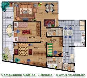 Photorealistic floor plan rendering - Rio - 1998 - Fully furnished apartment