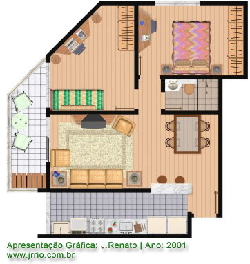 Fully furnished floor plan rendering in photo-realistic style - Unit of an apartment building