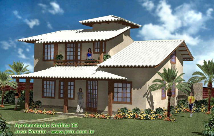 3D House rendering - Two storey rustic colonial style beach house surrounded by its lawn and gardens