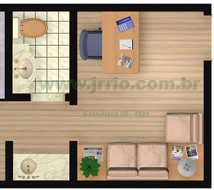 Photo-realisitc floor plan rendering | The enlarged image shows the waiting room and toilet in details