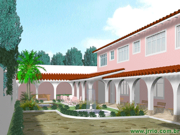Building Renovation - 3D Exterior Rendering - Courtyard, garden and building - eye level view