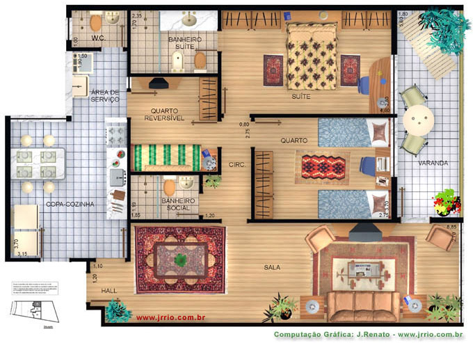 Fully funished floor plan rendering - architectural presentation