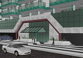 3D photorealistic architectural rendering - Entrance of an apartment building