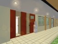 3D exterior rendering - Corridor alongside the party hall and Men and Womenīs toilet doors