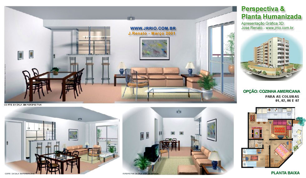3d interior renderings | Perspective views of an small apartments lounge, bar and dining space