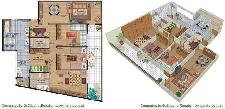 Photorealistic floor plan renderings - lane view and dolls house view