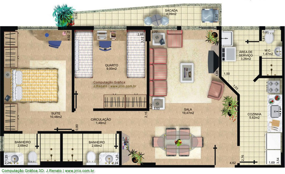 Photorealistic floor plan rendering of an apartment building unitit
